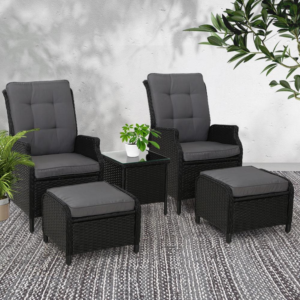 Gardeon 5PC Recliner Chairs Table Sun lounge Wicker Outdoor Furniture