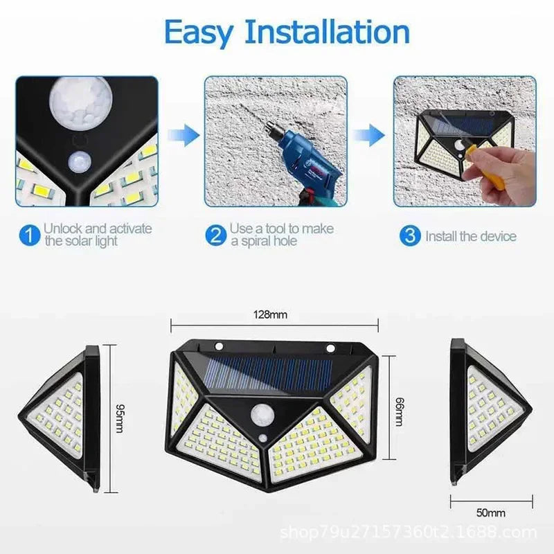 Solar Powered 100 LED Motion Sensor Wall Light, Waterproof Outdoor