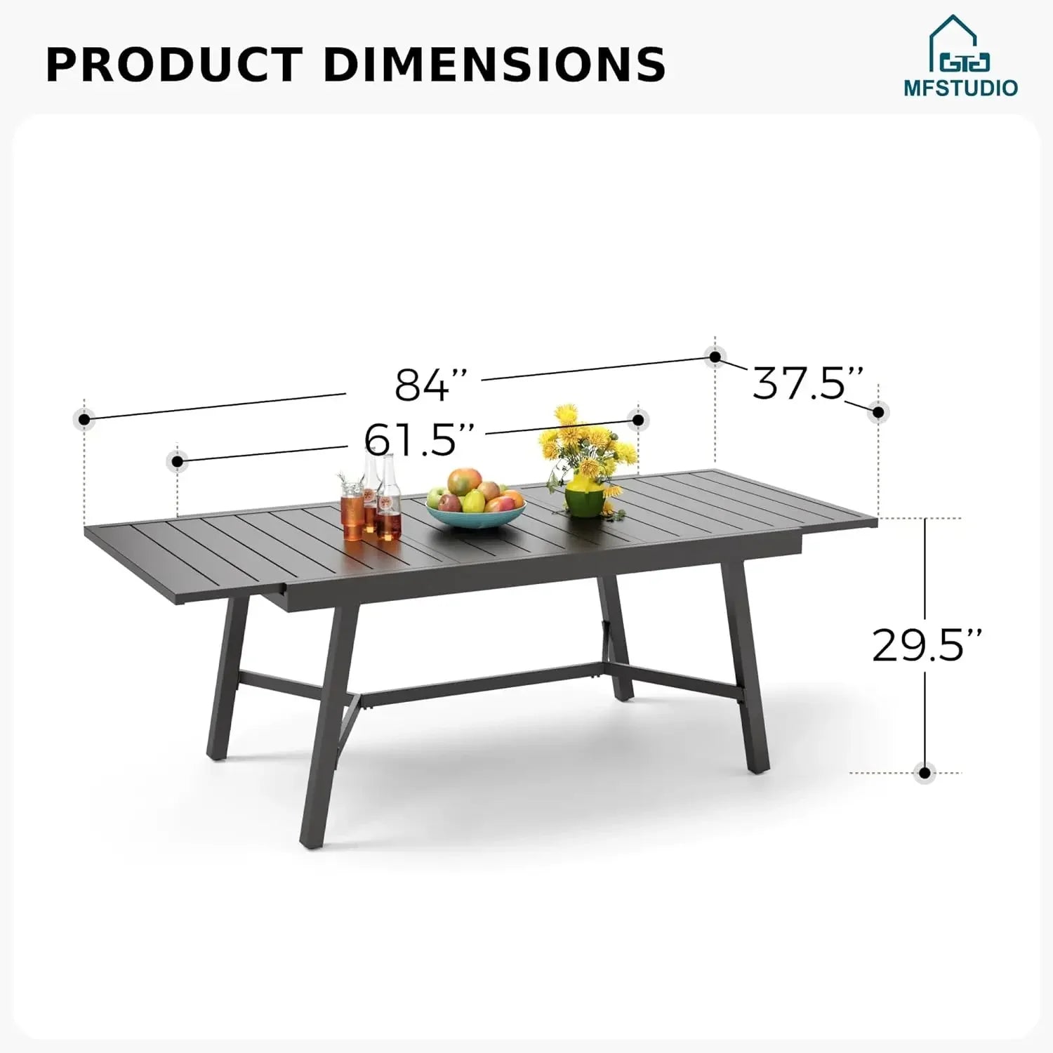 Outdoor Dining Expandable Table,Adjustable Outdoor Inclined Leg Rectangle Table for 6-8 Person Lawn,Garden,Black Metal Frame