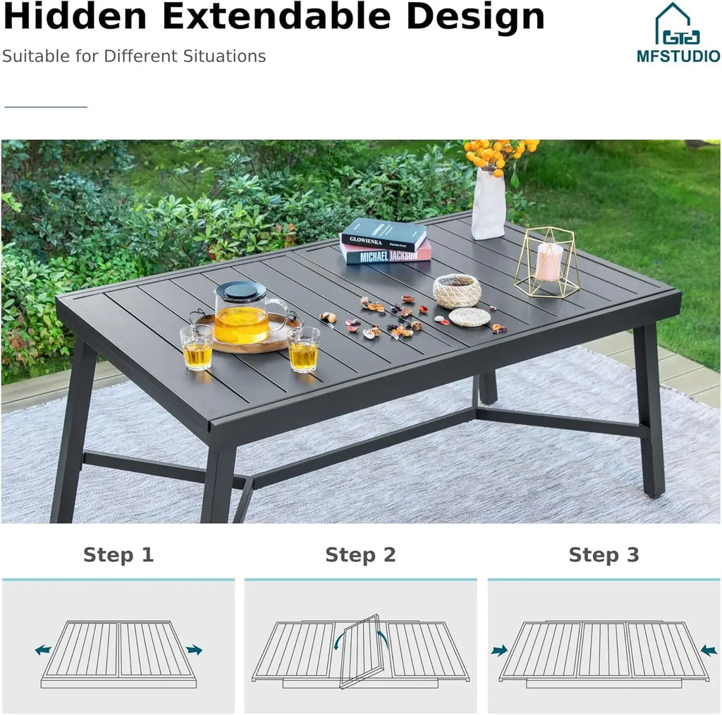 Outdoor Dining Expandable Table,Adjustable Outdoor Inclined Leg Rectangle Table for 6-8 Person Lawn,Garden,Black Metal Frame