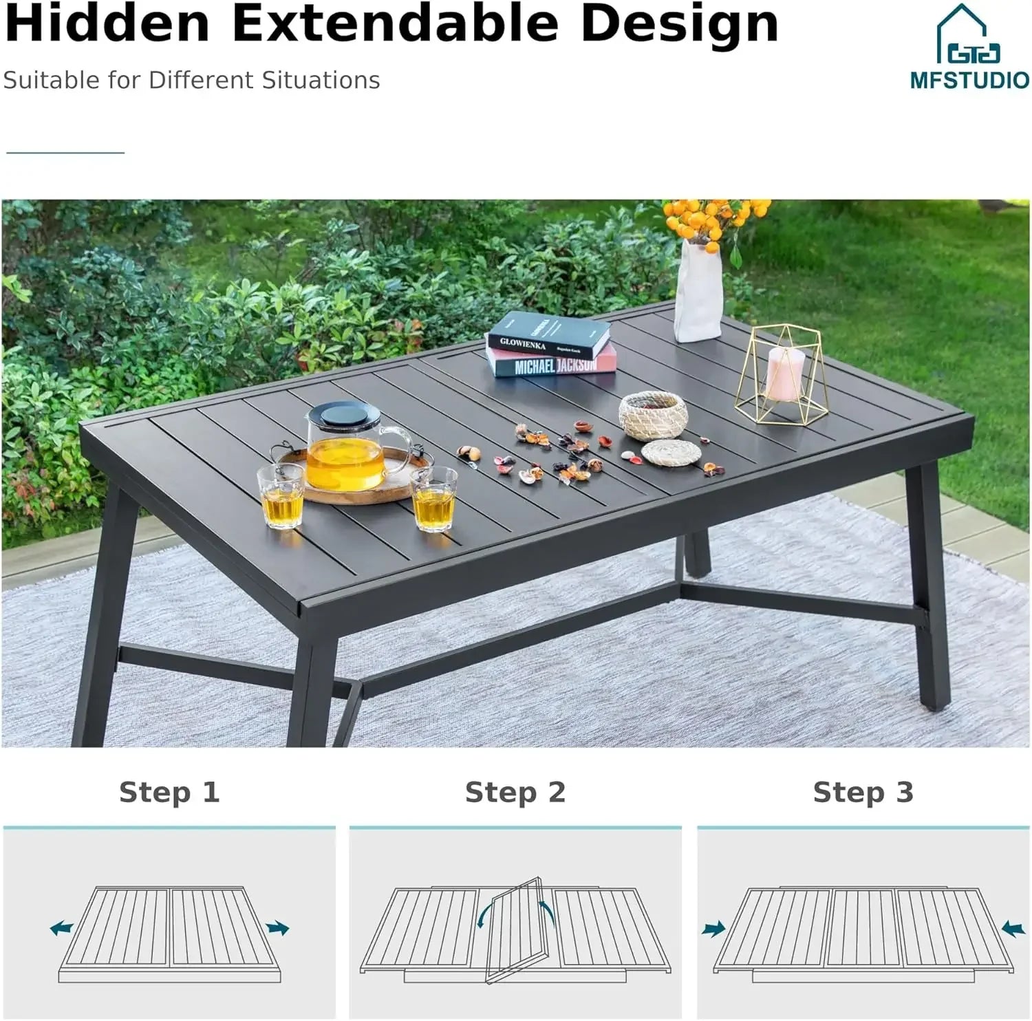 Outdoor Dining Expandable Table,Adjustable Outdoor Inclined Leg Rectangle Table for 6-8 Person Lawn,Garden,Black Metal Frame