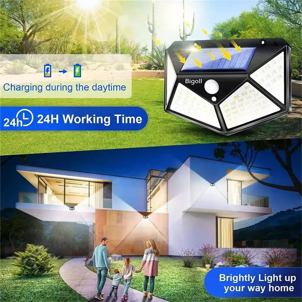 Solar Powered 100 LED Motion Sensor Wall Light, Waterproof Outdoor
