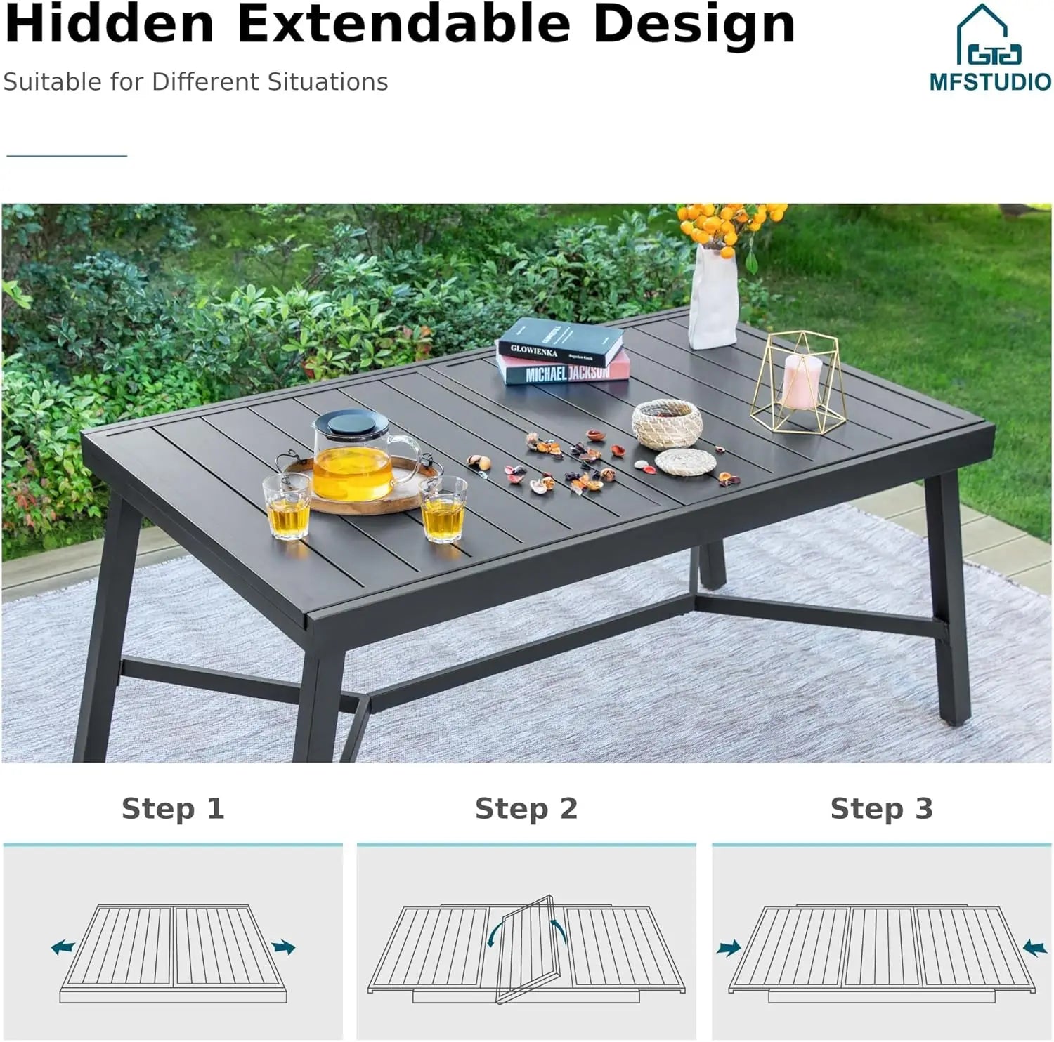 Outdoor Dining Expandable Table,Adjustable Outdoor Inclined Leg Rectangle Table for 6-8 Person Lawn,Garden,Black Metal Frame