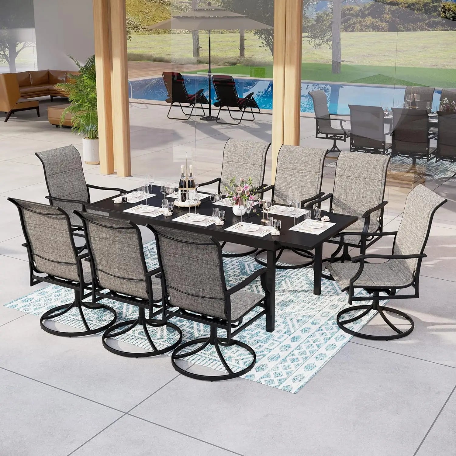 Outdoor Dining Expandable Table,Adjustable Outdoor Inclined Leg Rectangle Table for 6-8 Person Lawn,Garden,Black Metal Frame