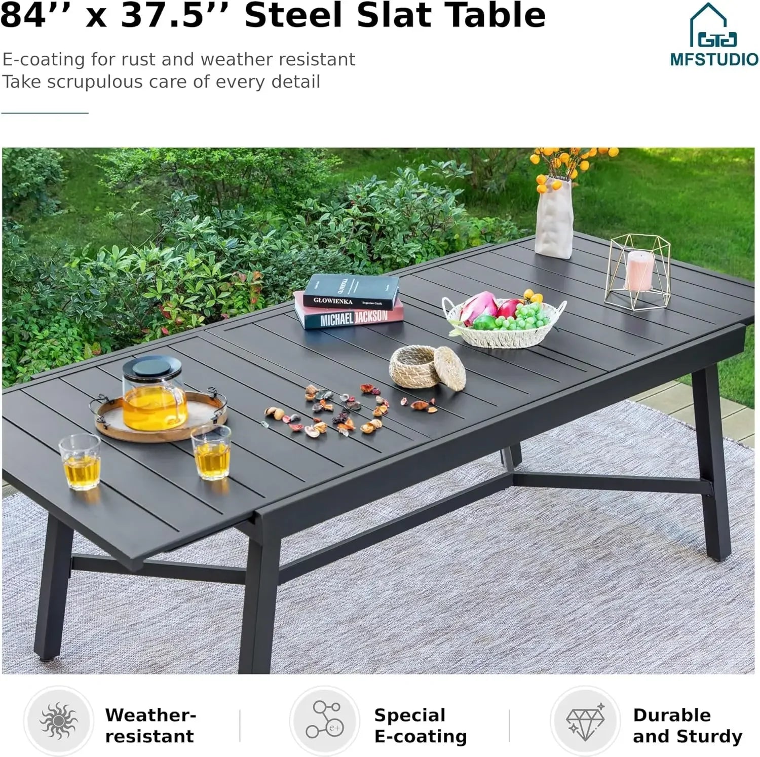 Outdoor Dining Expandable Table,Adjustable Outdoor Inclined Leg Rectangle Table for 6-8 Person Lawn,Garden,Black Metal Frame