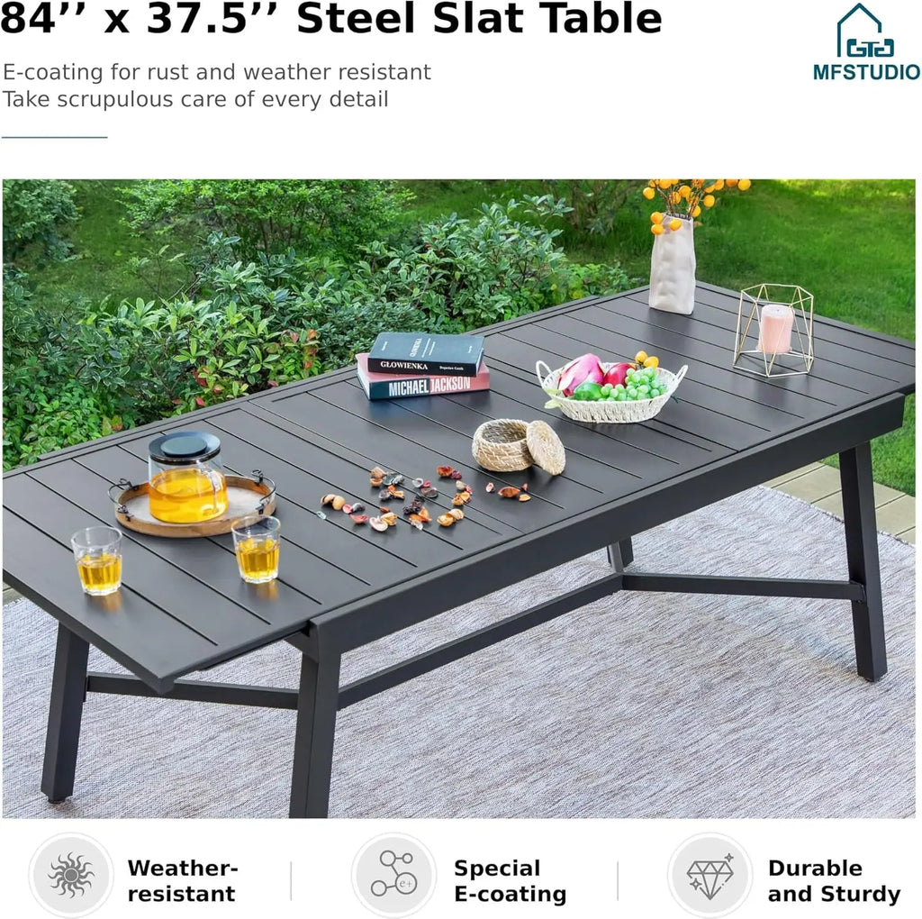 Outdoor Dining Expandable Table,Adjustable Outdoor Inclined Leg Rectangle Table for 6-8 Person Lawn,Garden,Black Metal Frame
