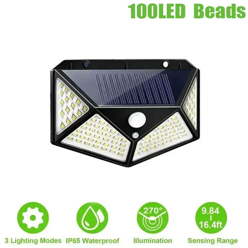 Solar Powered 100 LED Motion Sensor Wall Light, Waterproof Outdoor