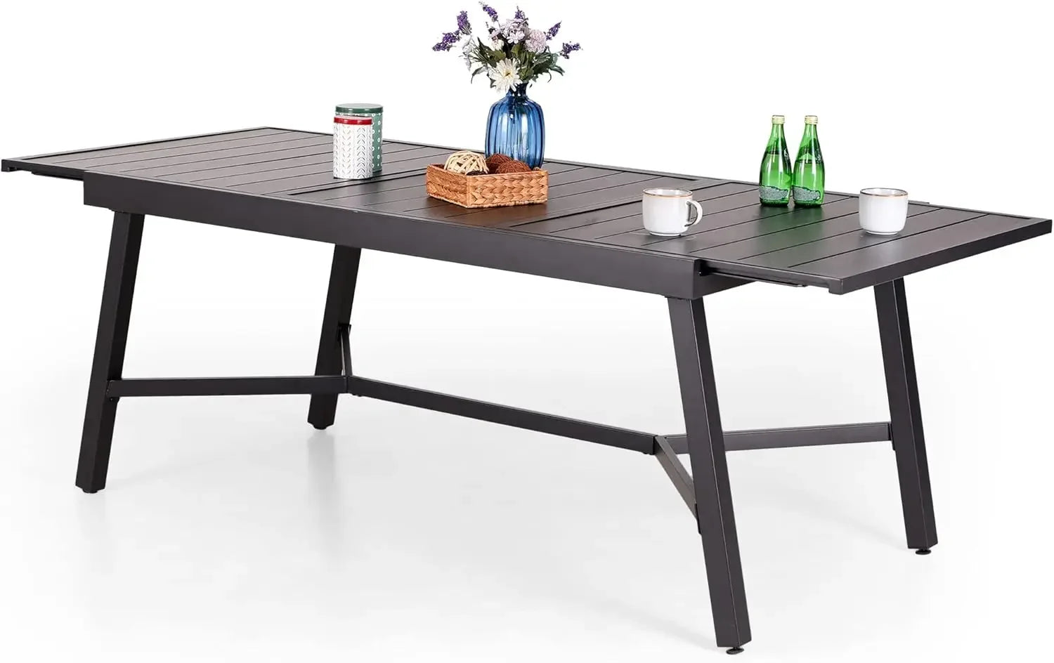 Outdoor Dining Expandable Table,Adjustable Outdoor Inclined Leg Rectangle Table for 6-8 Person Lawn,Garden,Black Metal Frame