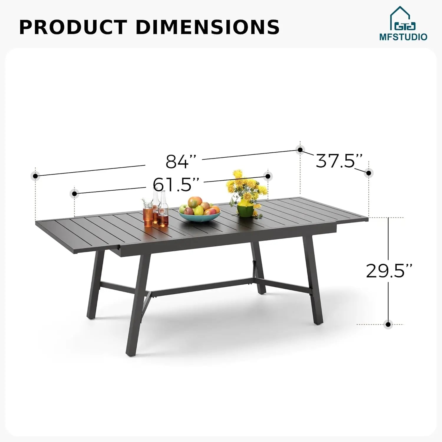 Outdoor Dining Expandable Table,Adjustable Outdoor Inclined Leg Rectangle Table for 6-8 Person Lawn,Garden,Black Metal Frame