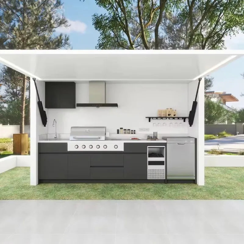 Custom Modern Outdoor Kitchen for Furniture Pool House with Stainless Steel Kitchen Cabinet for Gas BBQ Grill with Shed
