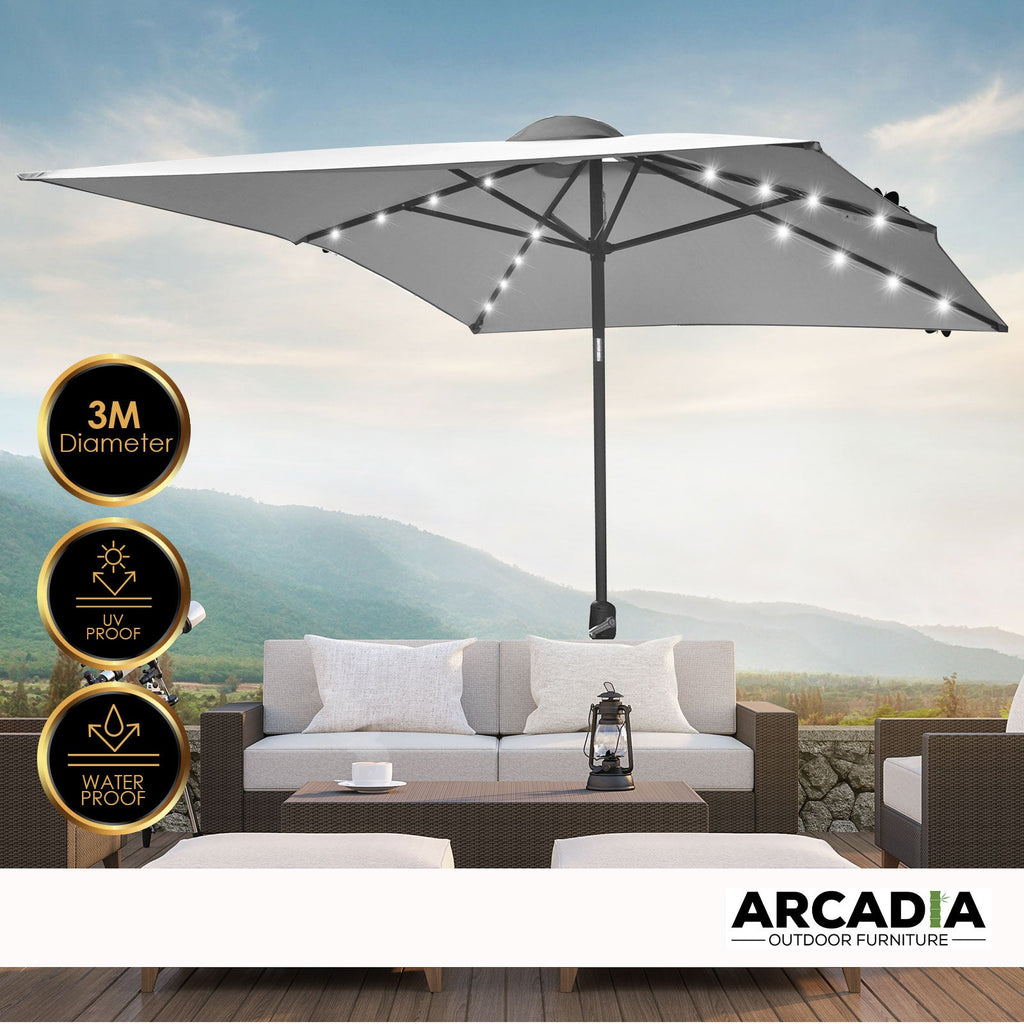 Arcadia Furniture Umbrella 3 Metre with Solar LED Lights Garden Yard