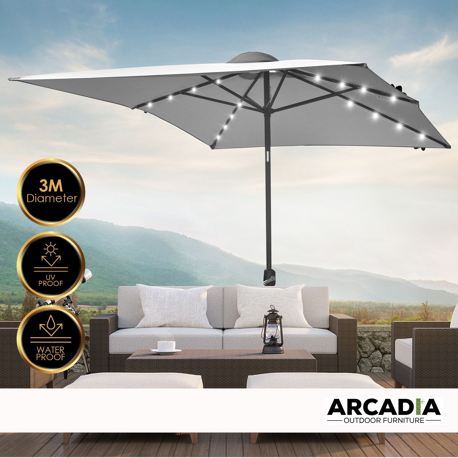 Arcadia Furniture Umbrella 3 Metre with Solar LED Lights Garden Yard
